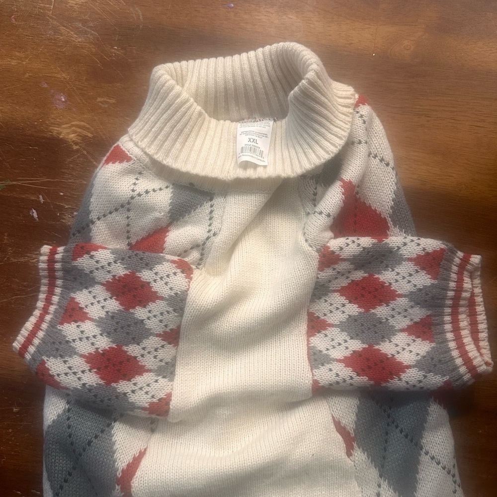 Dog Sweater - Ivory with Red & Gray